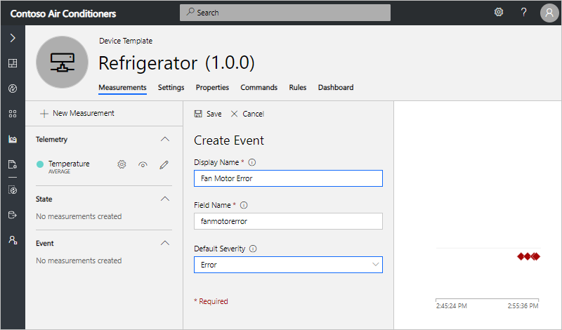"Create Event" form with details for a fan motor event