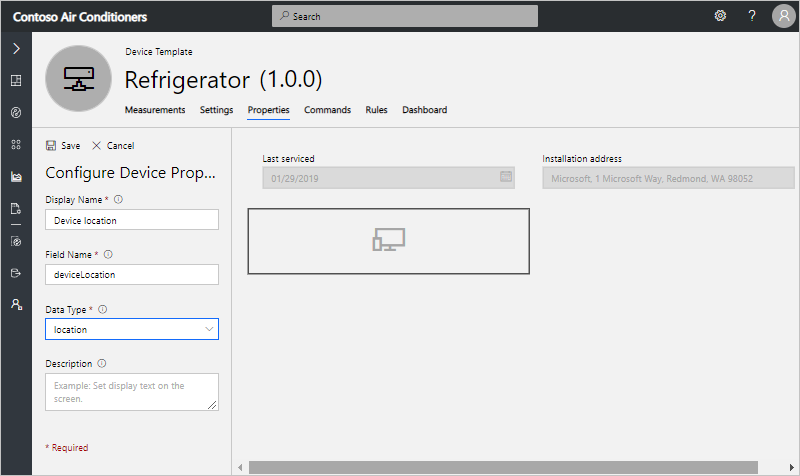 "Configure Device Properties" form with details for location