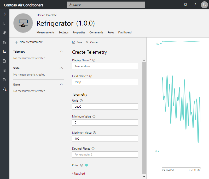 "Create Telemetry" form with details for temperature measurement
